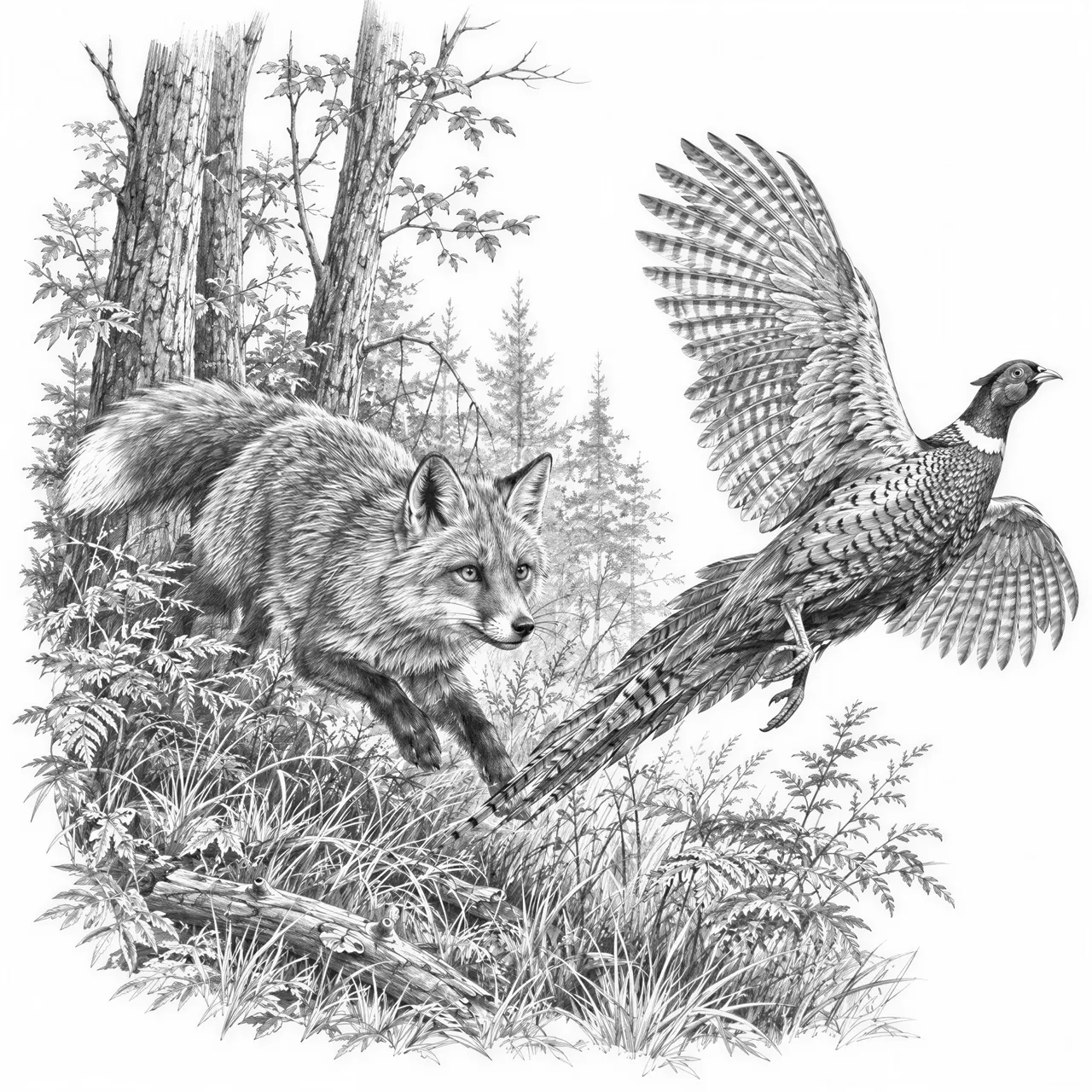 Generate an image for laser engraving. The image should be based on a forest scene and feature a fox hunting a pheasant.